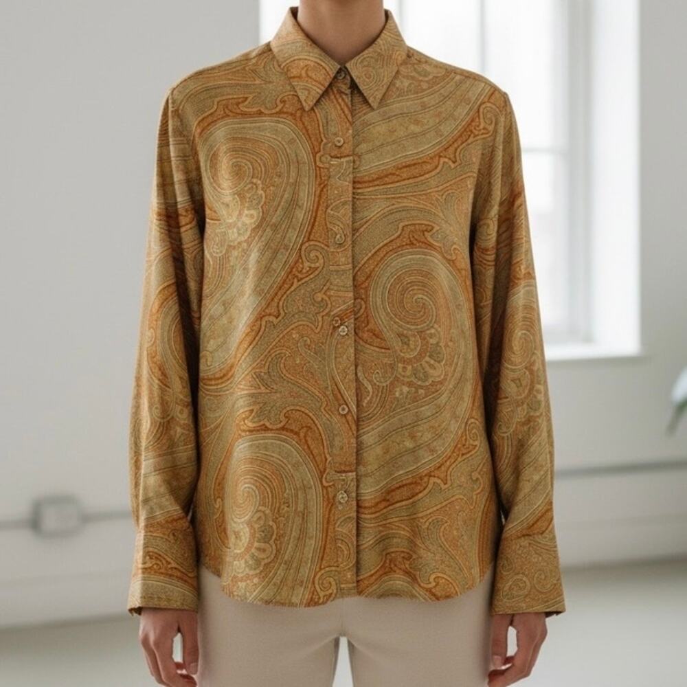 Lauren Ralph Lauren Paisley 100% Silk Long Sleeve Button Down Shirt Women's 12